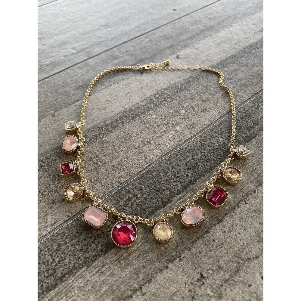 Necklace Fashion Gold Tone Chain Pink Clear Rhinestone 16”+ 3”